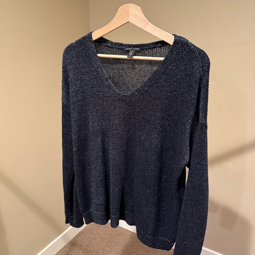 Eileen Fisher V-neck sweater, size medium, dark green with silver specks